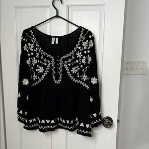 Anthropologie Black Tunic with White Embroidered Floral Detail